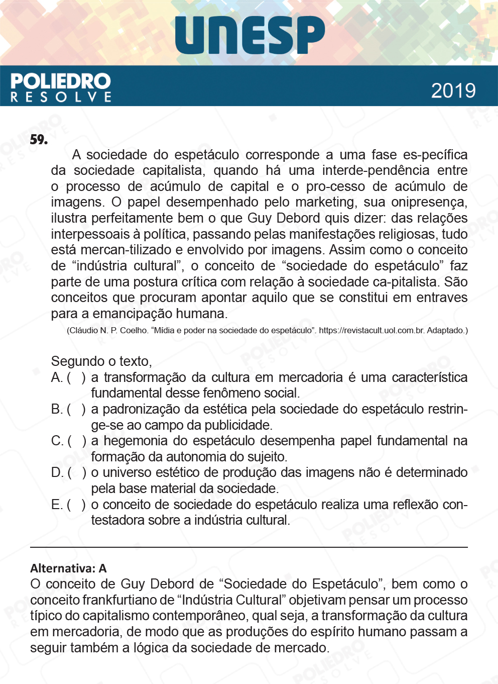 Questão 59 - 1ª Fase - UNESP 2019