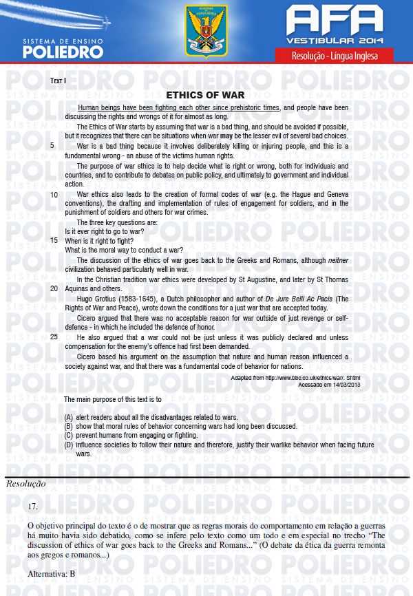Questão 17 - Prova Modelo B - AFA 2014