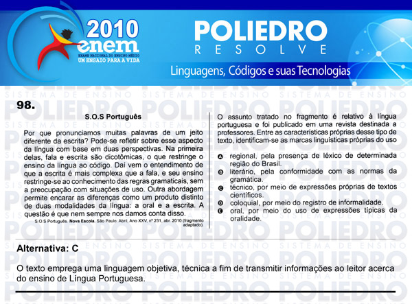 Questão 98 - Domingo (Prova rosa) - ENEM 2010