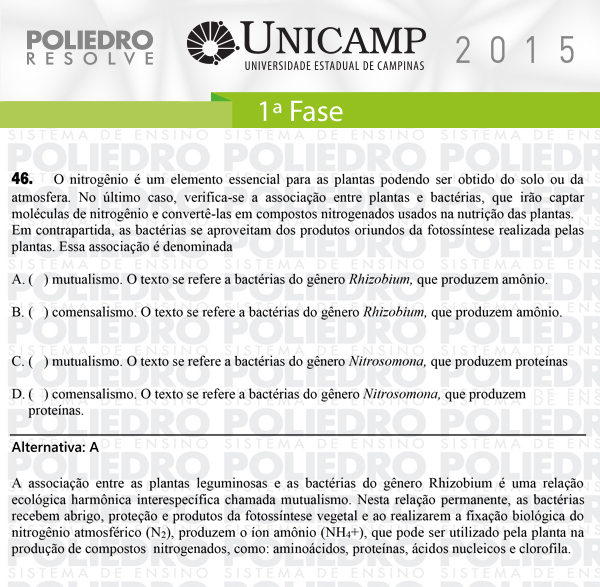 Questão 46 - 1ª Fase - UNICAMP 2015