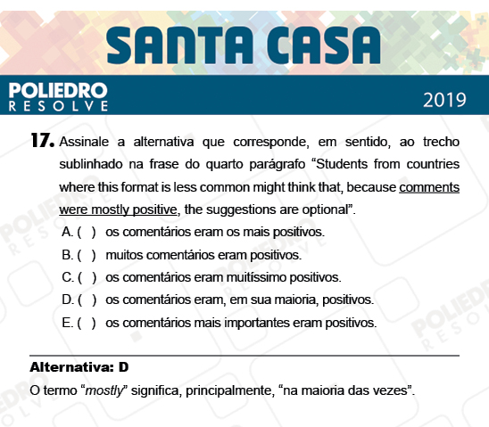 Questão 17 - 2º Dia - Objetivas - SANTA CASA 2019