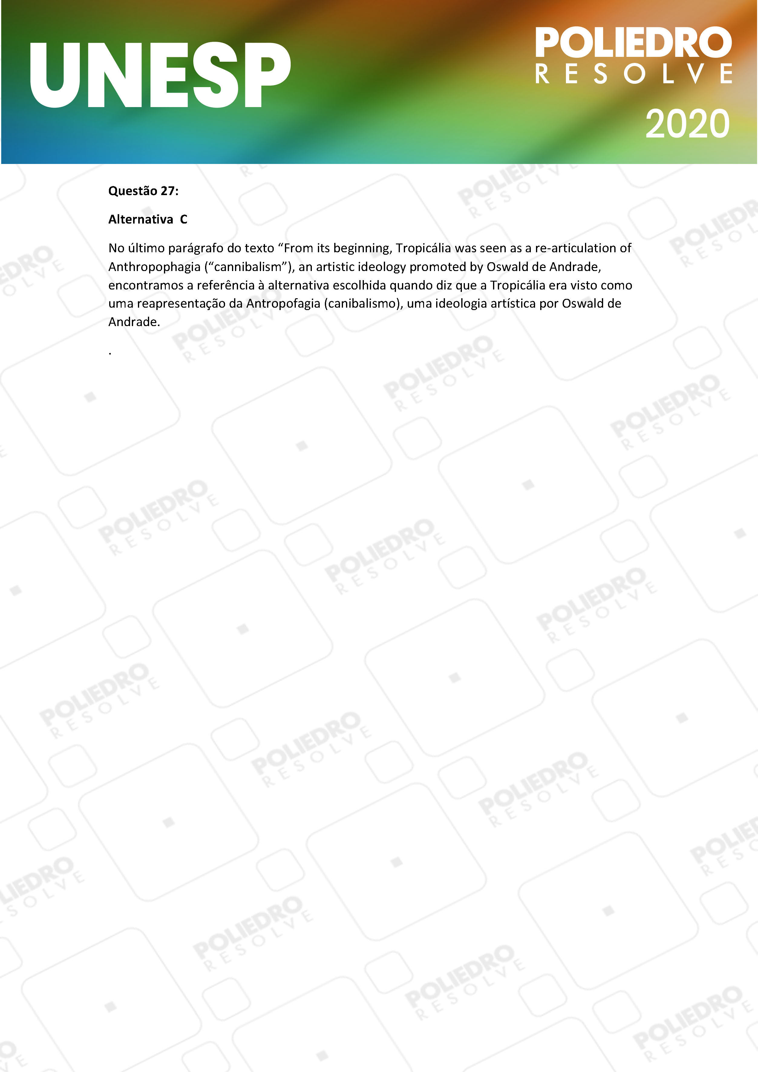 Questão 27 - 1ª Fase - UNESP 2020