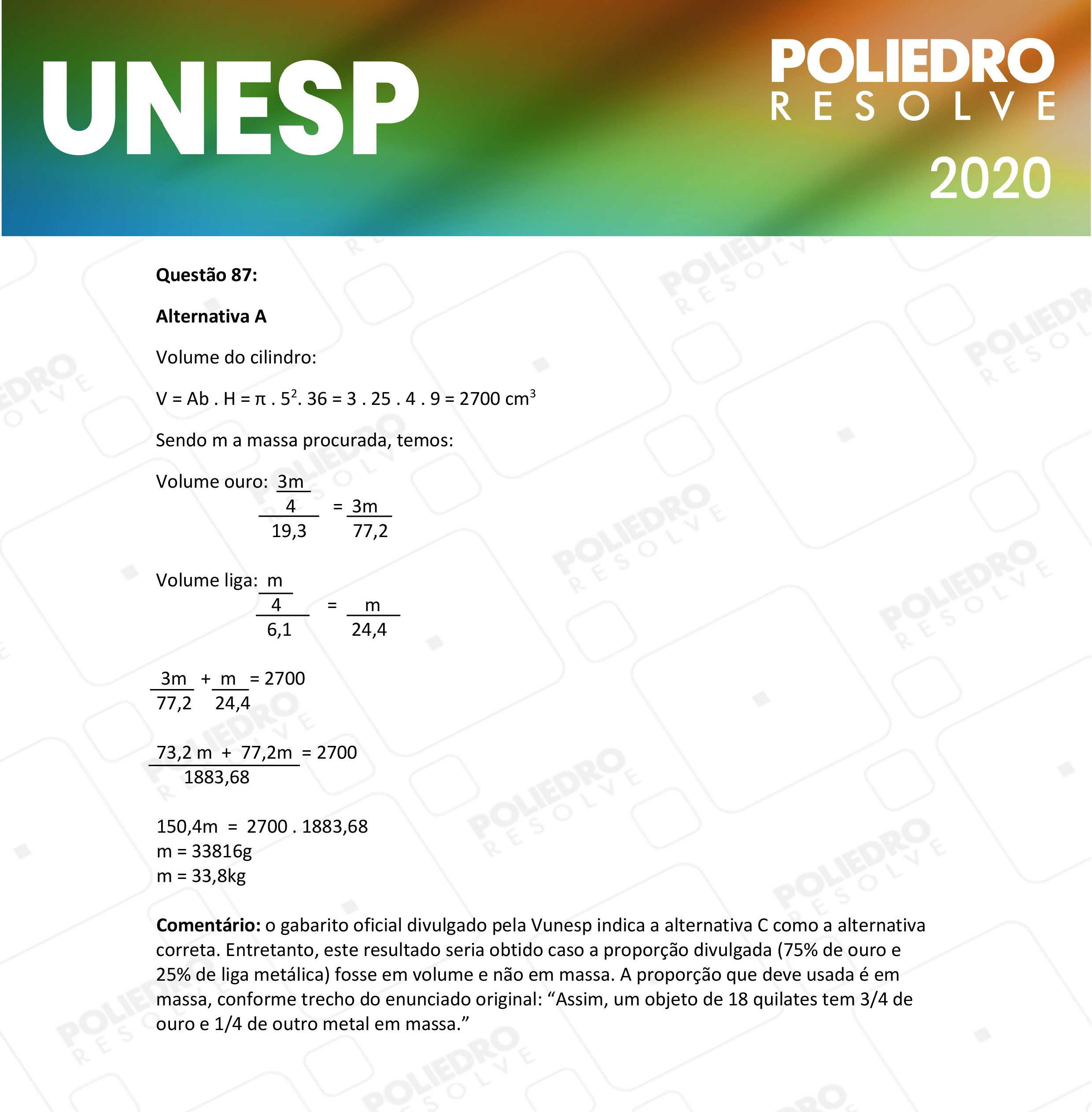 Questão 87 - 1ª Fase - UNESP 2020