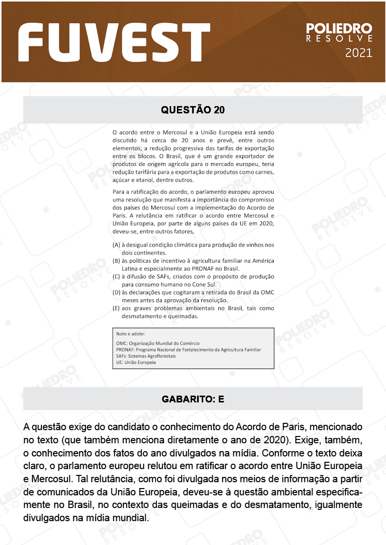 Questão 20 - 1ª Fase - FUVEST 2021