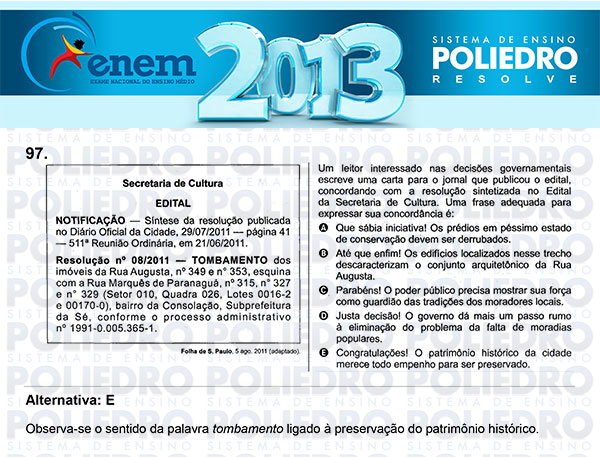 Questão 97 - Domingo (Prova Cinza) - ENEM 2013