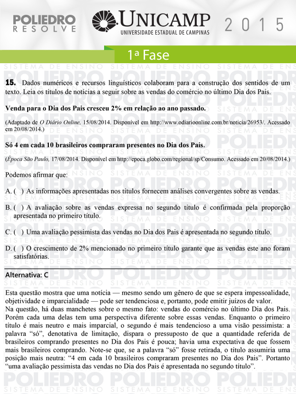 Questão 15 - 1ª Fase - UNICAMP 2015