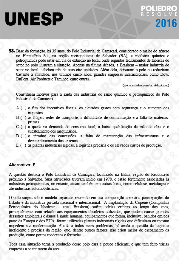 Questão 53 - 1ª Fase - UNESP 2016