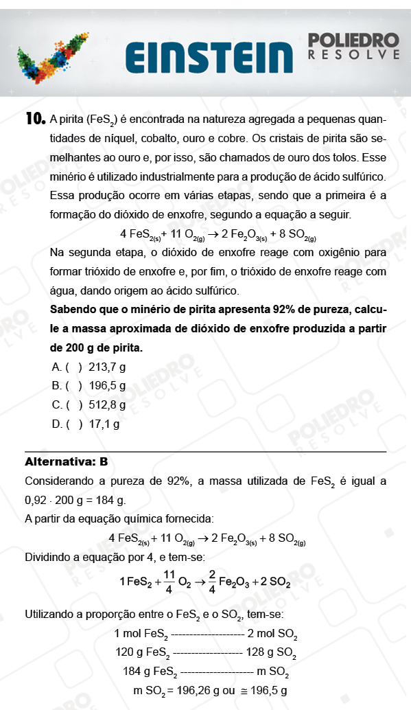 Questão 10 - 1ª FASE - EINSTEIN 2018