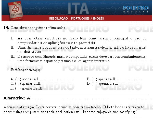 Questão 14 - Português e Inglês - ITA 2009