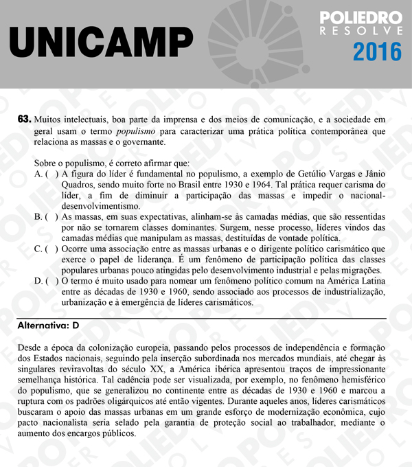 Questão 63 - 1ª Fase - UNICAMP 2016