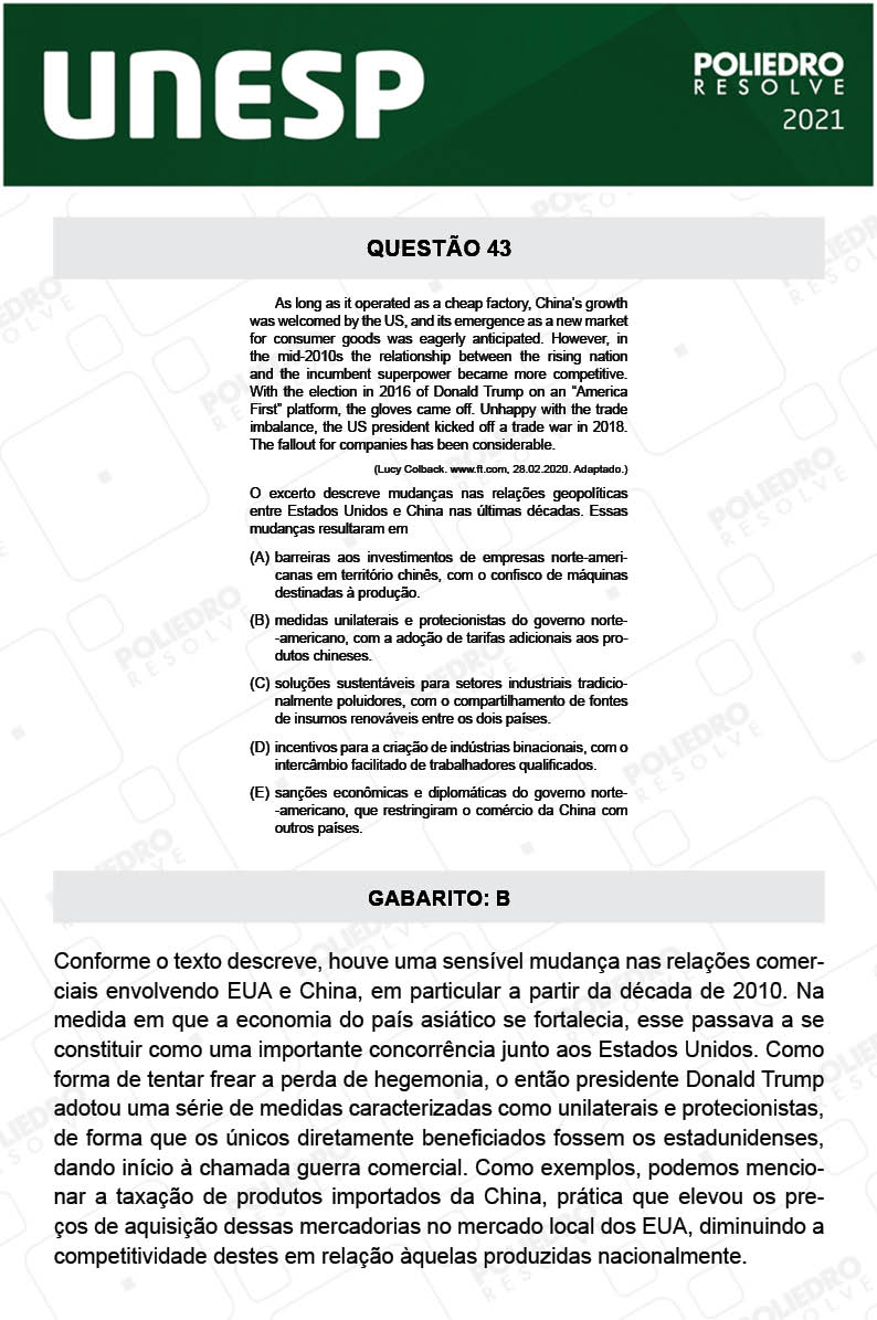 Questão 43 - 1ª Fase - 1º Dia - UNESP 2021