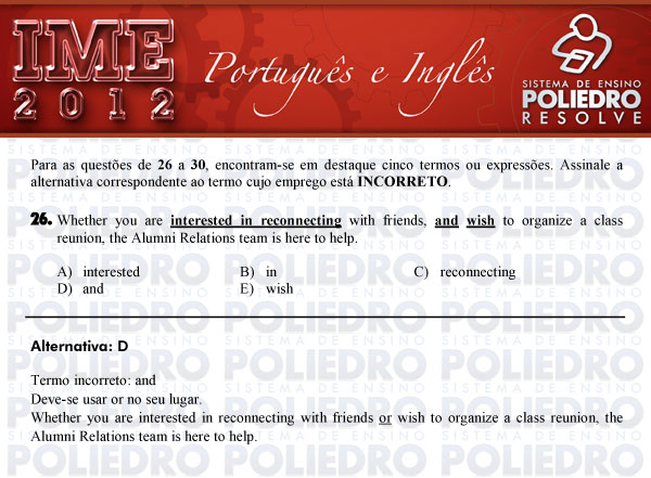 Questão 26 - Português e Inglês - IME 2012