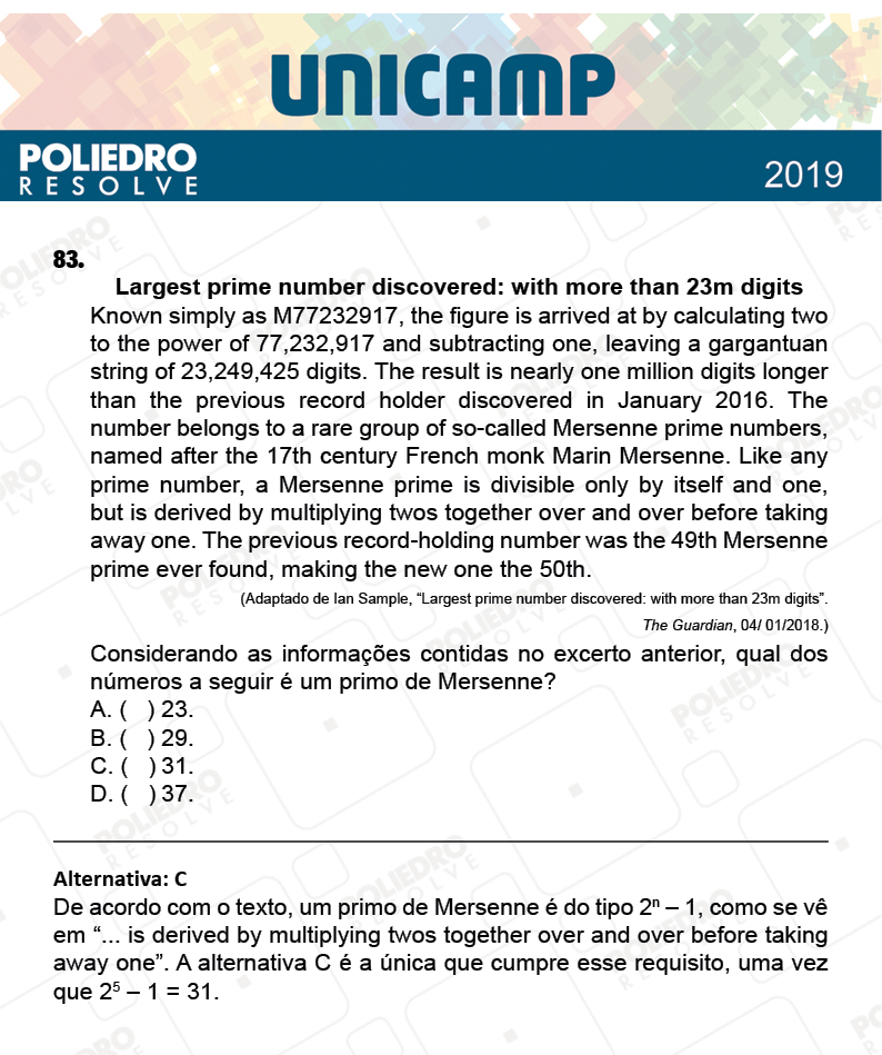 Questão 83 - 1ª Fase - PROVA Q e X - UNICAMP 2019