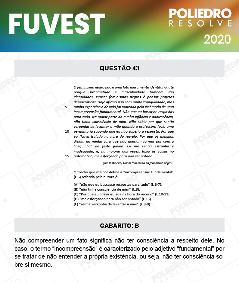 Questão 43 - 1ª Fase - Prova V - FUVEST 2020