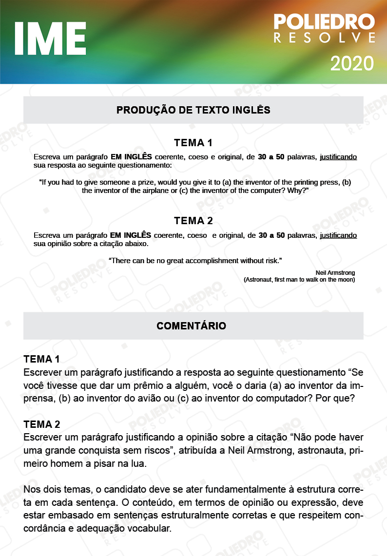 Redação - 2ª Fase - Português/Inglês - IME 2020