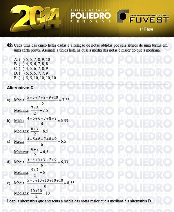 Questão 42 - 1ª Fase - FUVEST 2014