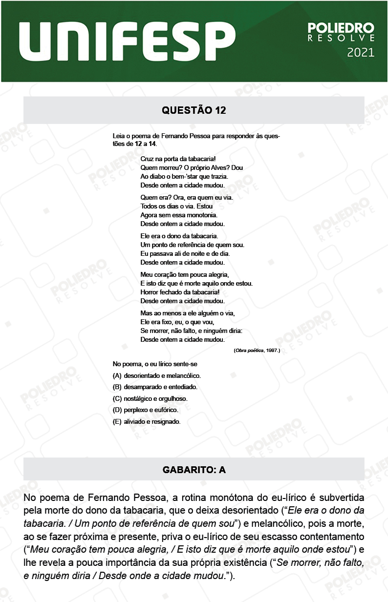 Questão 12 - Fase única - 1º Dia - UNIFESP 2021