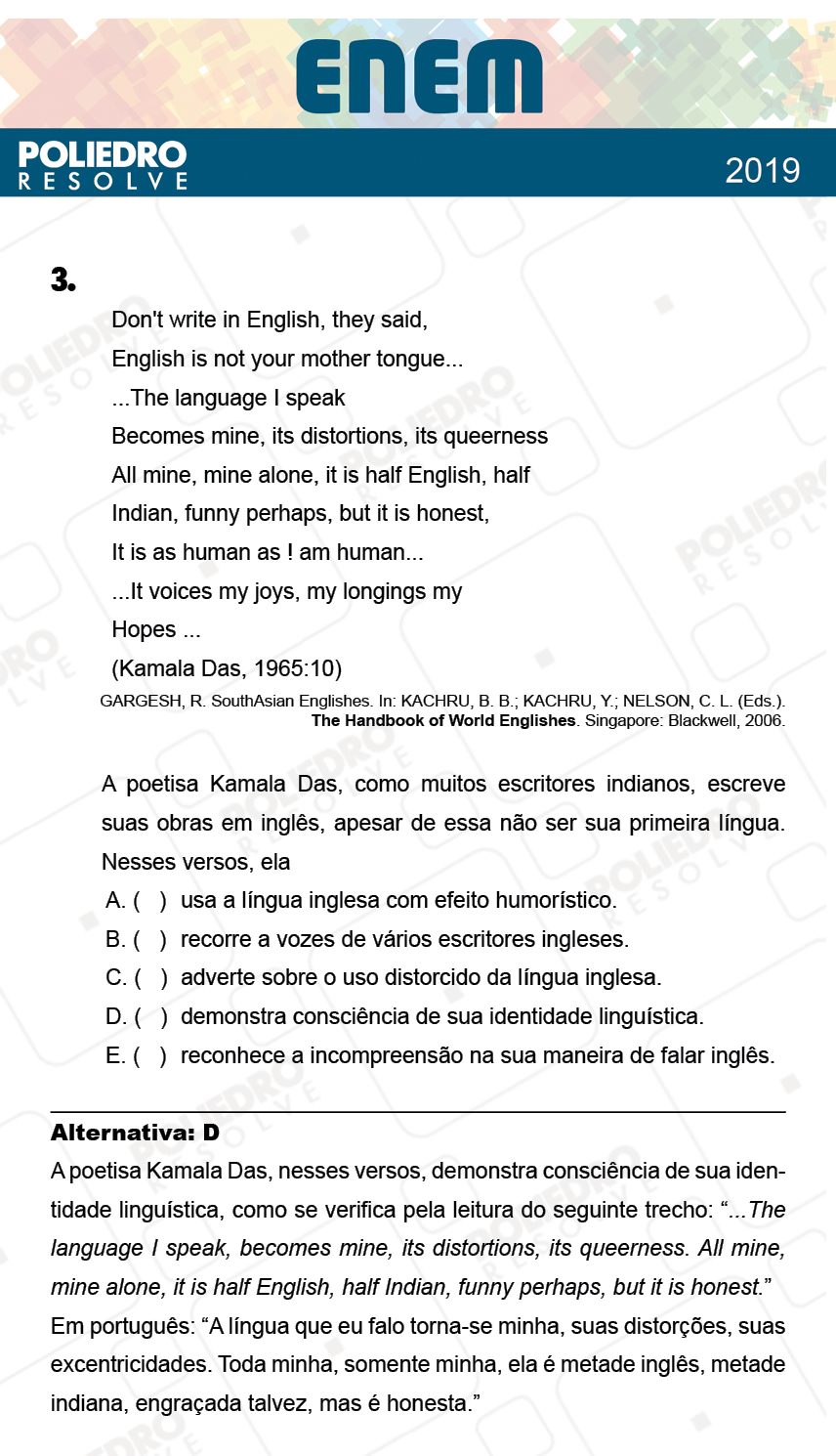 Questão 3 - 1º Dia - Prova AZUL - ENEM 2018