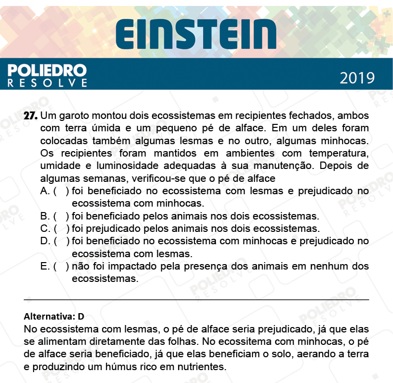 Questão 27 - Fase única - EINSTEIN 2019