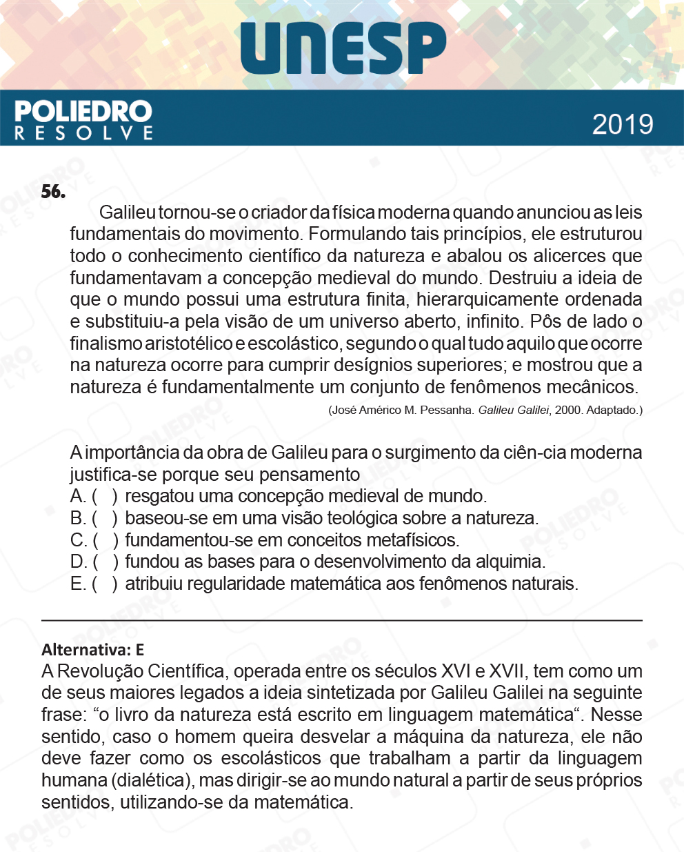 Questão 56 - 1ª Fase - UNESP 2019