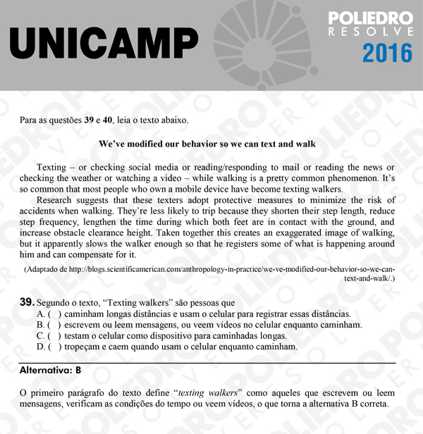 Questão 39 - 1ª Fase - UNICAMP 2016