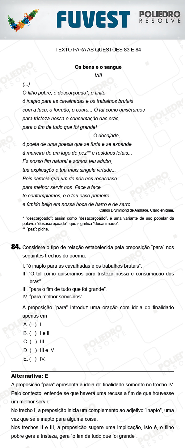 Questão 84 - 1ª Fase - PROVA V - FUVEST 2018