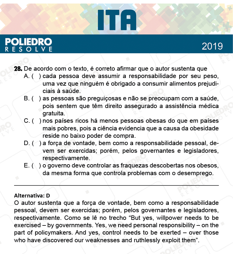 Questão 28 - 1ª Fase - FIS / POR / ING/ MAT / QUI - ITA 2019