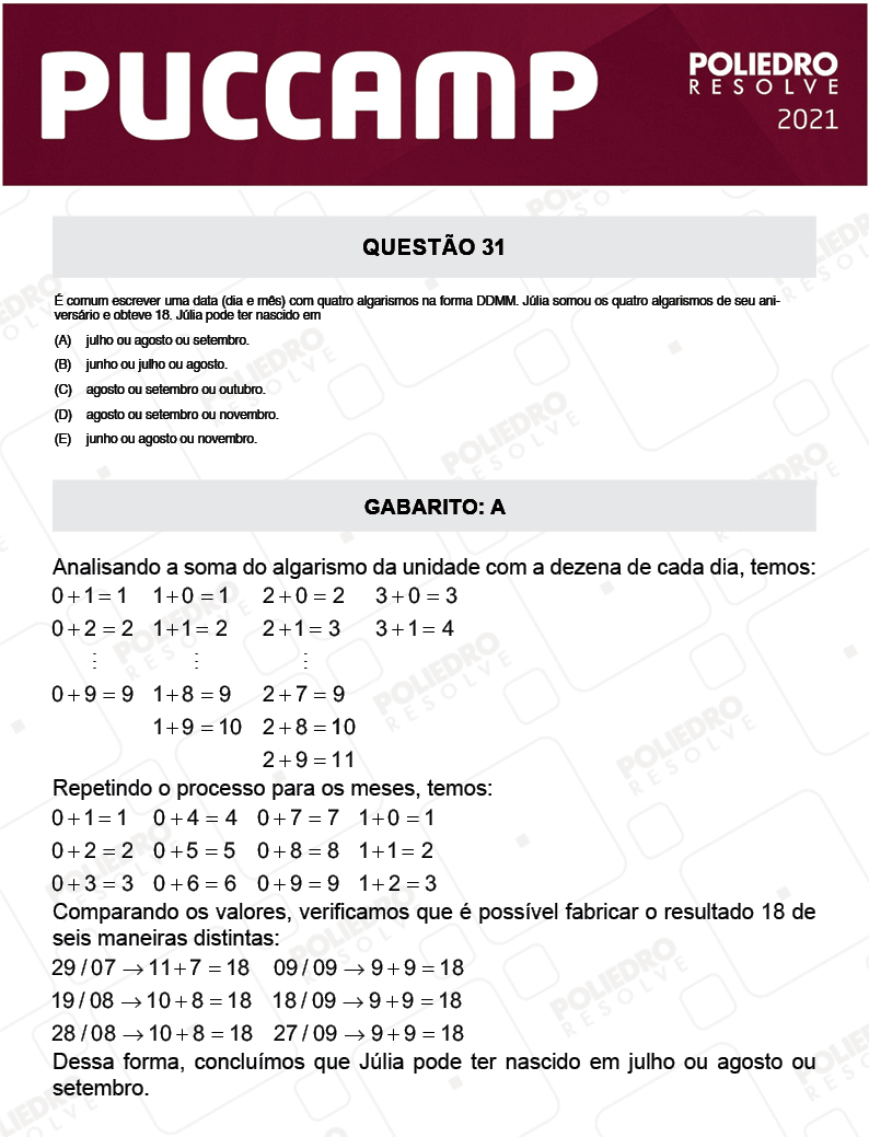 Questão 31 - MEDICINA - PUC-Campinas 2021