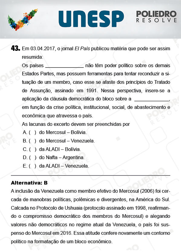 Questão 43 - 1ª Fase - PROVA 4 - UNESP 2018