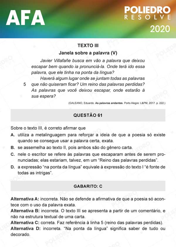 Questão 61 - Prova Modelo C - AFA 2020