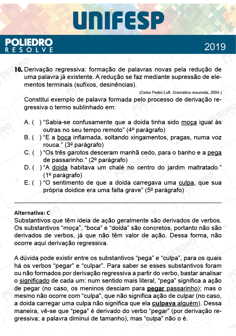 Questão 10 - Fase única - 1º Dia - UNIFESP 2019