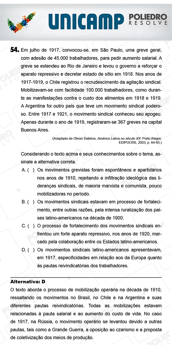 Questão 54 - 1ª Fase - PROVA Q - UNICAMP 2018