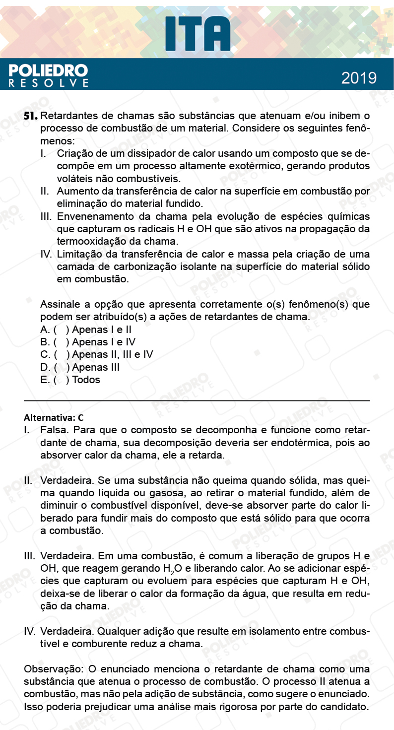 Questão 51 - 1ª Fase - FIS / POR / ING/ MAT / QUI - ITA 2019