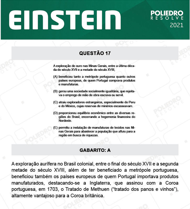 Questão 17 - Fase única - EINSTEIN 2021