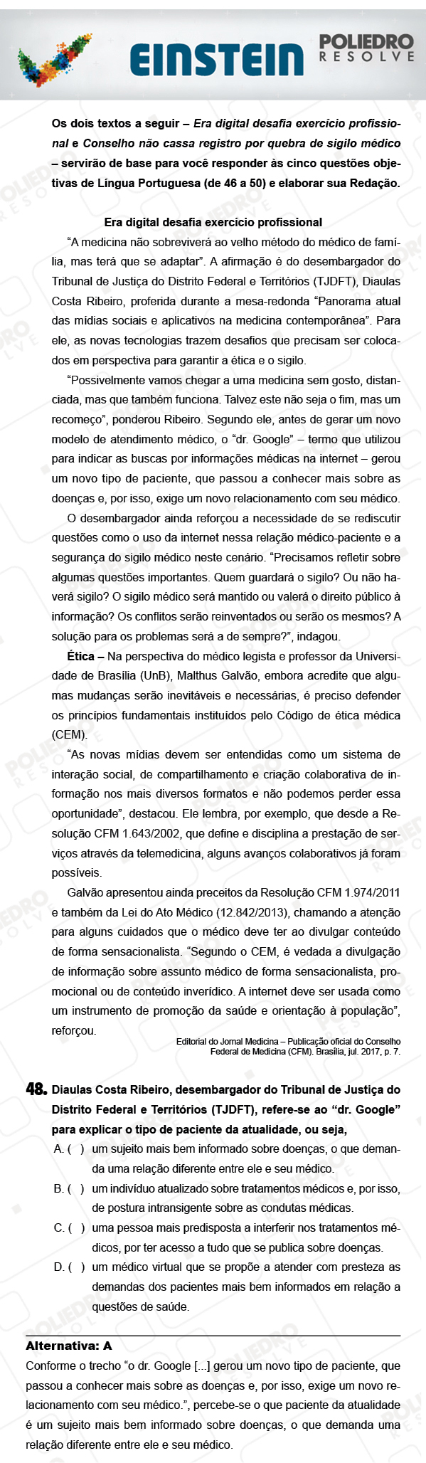 Questão 48 - 1ª FASE - EINSTEIN 2018