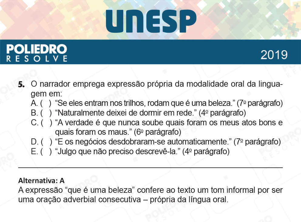 Questão 5 - 1ª Fase - UNESP 2019