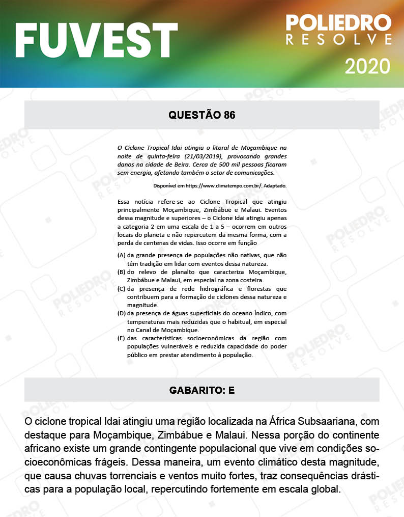 Questão 86 - 1ª Fase - Prova V - FUVEST 2020