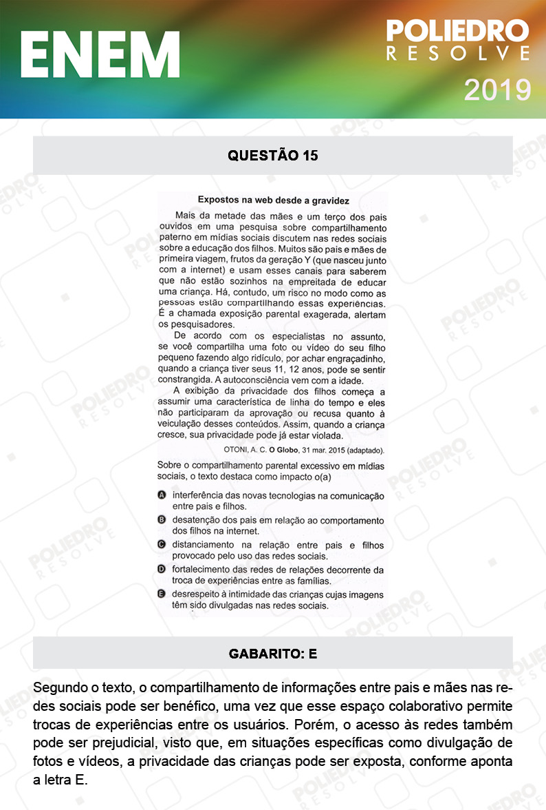 Questão 15 - 1º DIA - PROVA ROSA - ENEM 2019