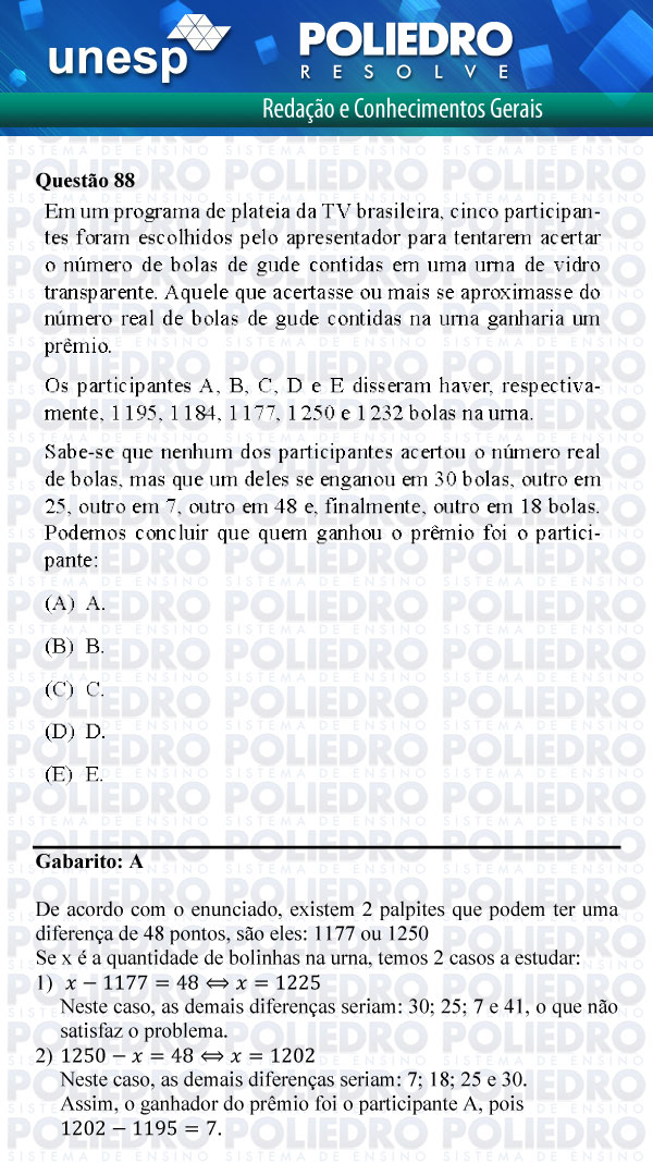 Questão 88 - 1ª Fase - UNESP 2012