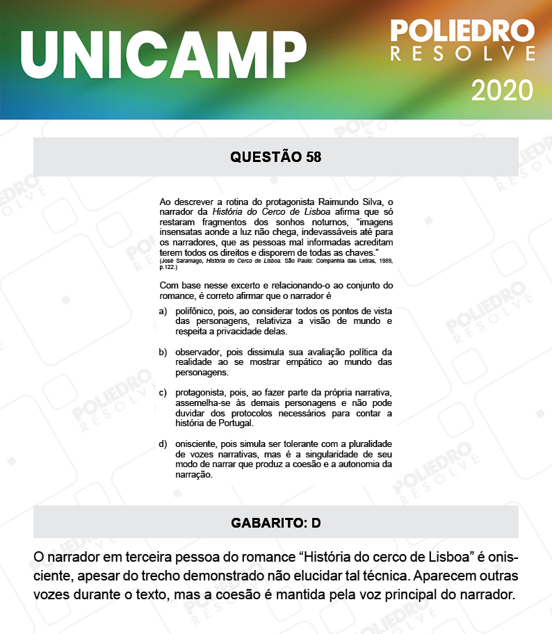 Questão 58 - 1ª Fase - Prova Q e X - UNICAMP 2020