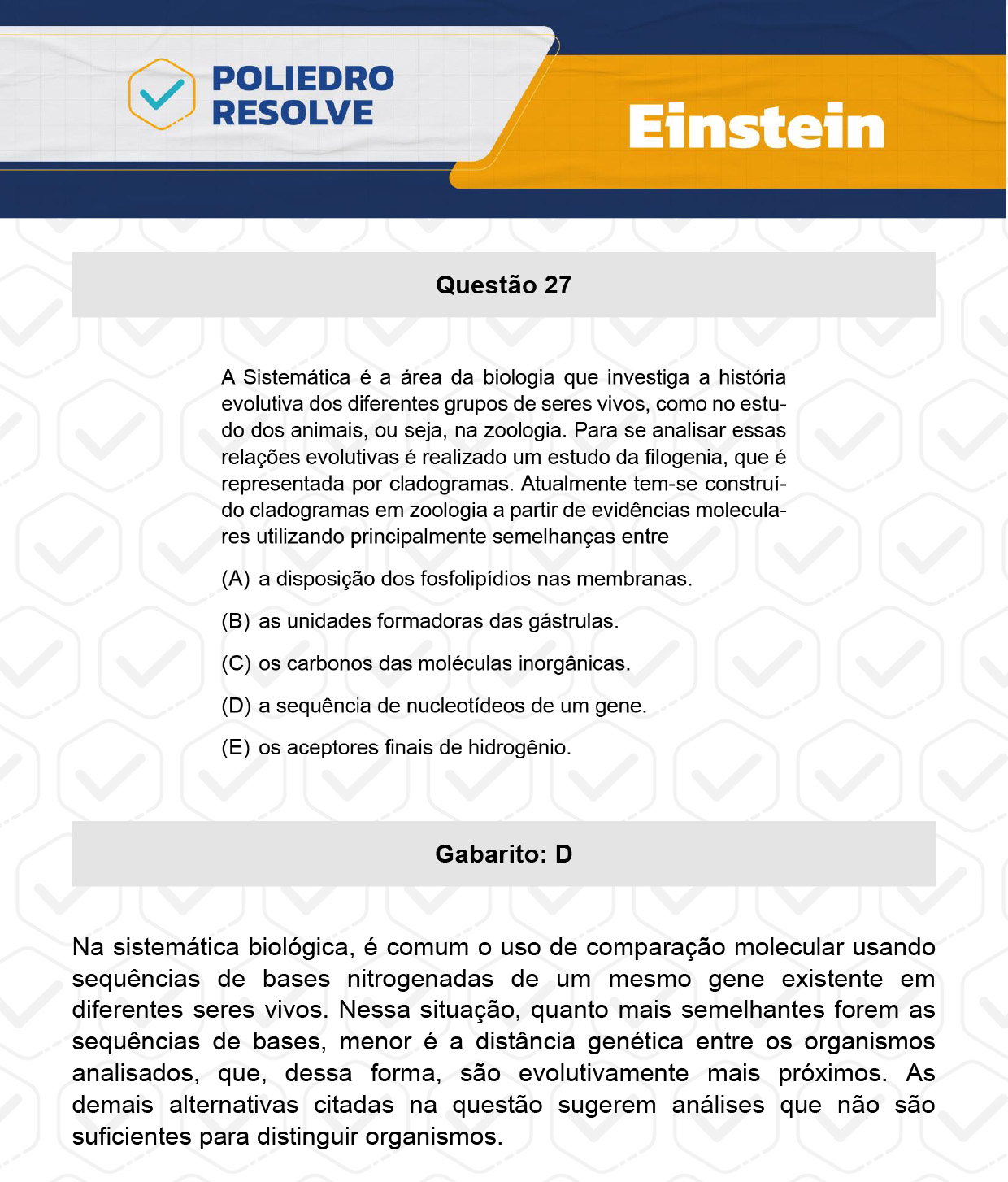 Questão 27 - Fase única - EINSTEIN 2024