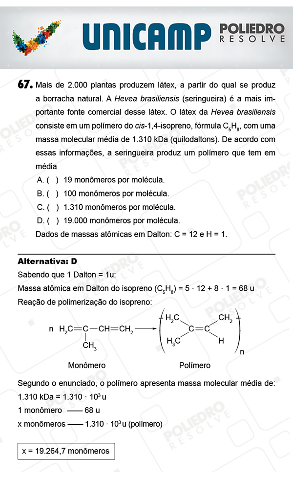 Questão 67 - 1ª Fase - PROVA Q - UNICAMP 2018