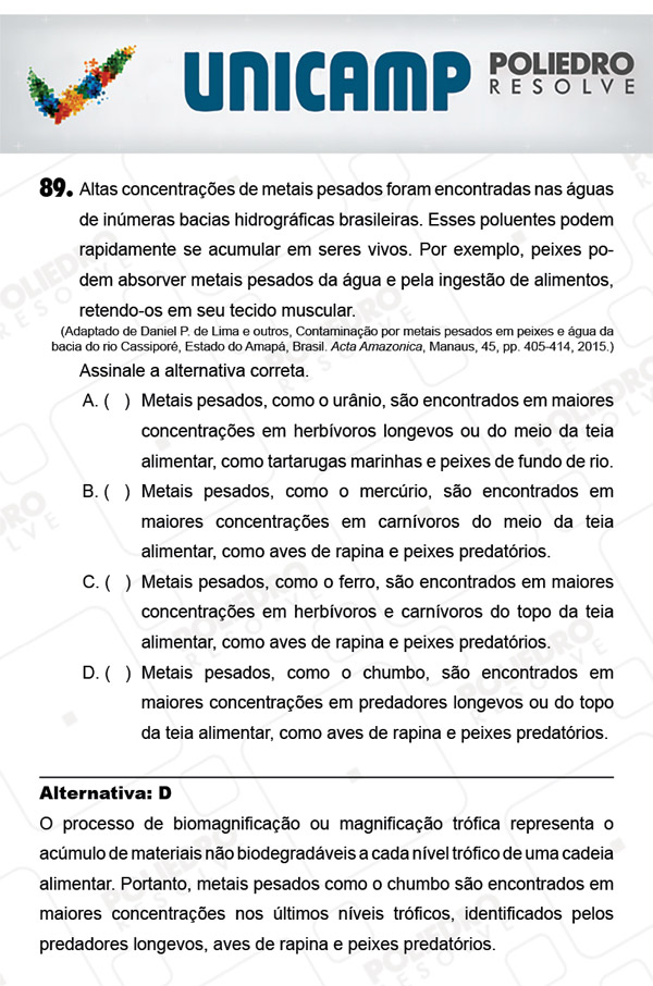 Questão 89 - 1ª Fase - PROVA Q - UNICAMP 2018