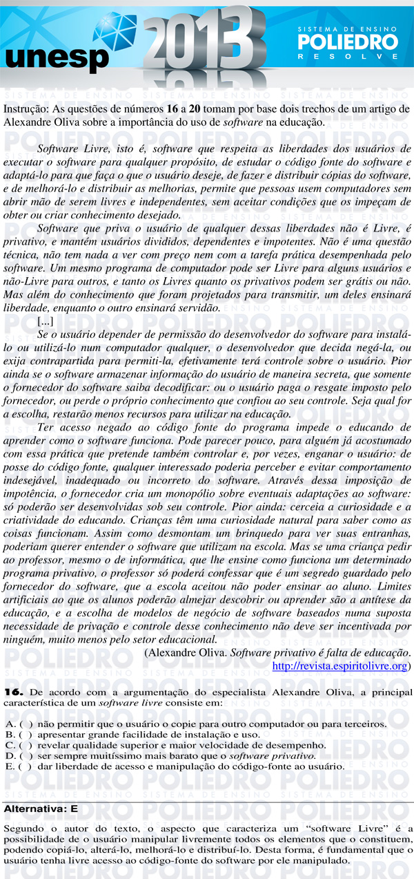 Questão 16 - 1ª Fase - UNESP 2013