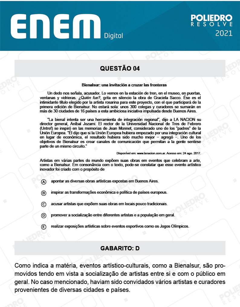 Questão 4 - 1º Dia - Prova Branca - Espanhol - ENEM DIGITAL 2020