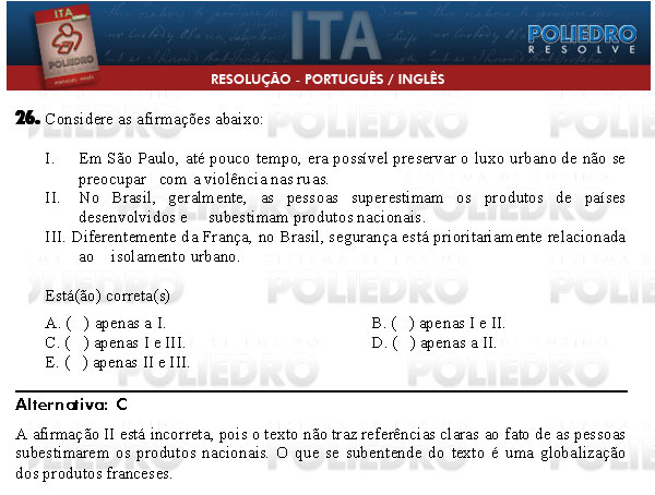 Questão 26 - Português e Inglês - ITA 2009