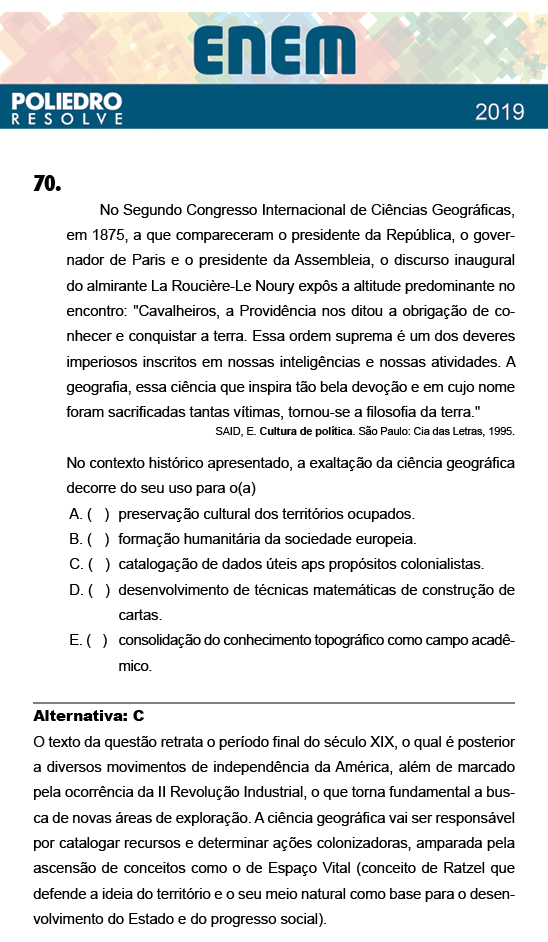 Questão 70 - 1º Dia - Prova BRANCA - ENEM 2018