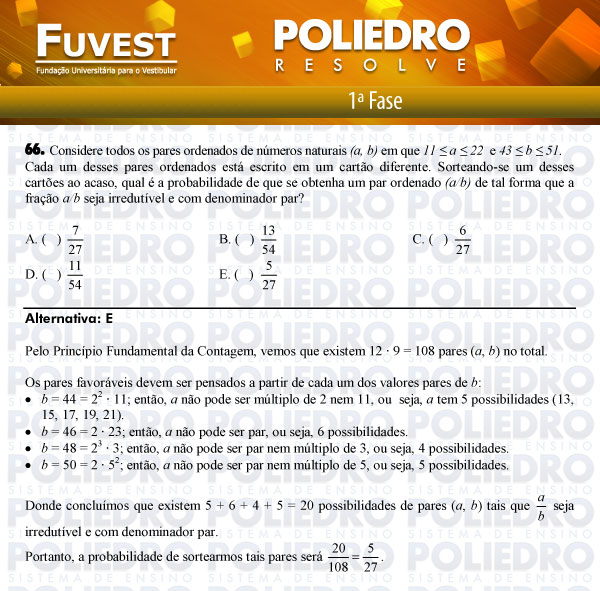 Questão 66 - 1ª Fase - FUVEST 2012