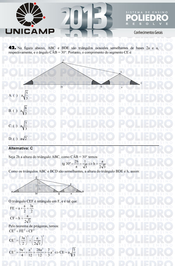 Questão 42 - 1ª Fase - UNICAMP 2013