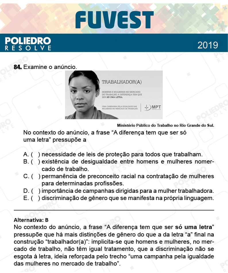 Questão 84 - 1ª Fase - Prova Q - FUVEST 2019